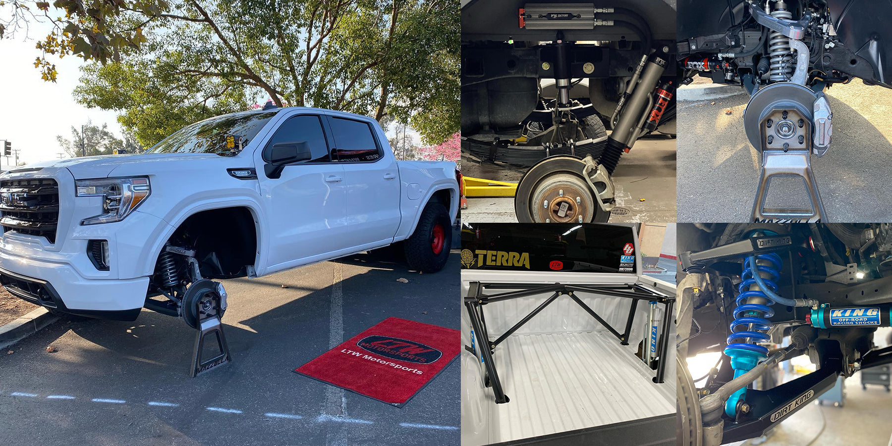 A collage showing a white pickup truck elevated on blocks undergoing suspension upgrades. One image features a close-up of the front suspension, another of the rear suspension components. Additional images show a new coilover shock and aftermarket parts.